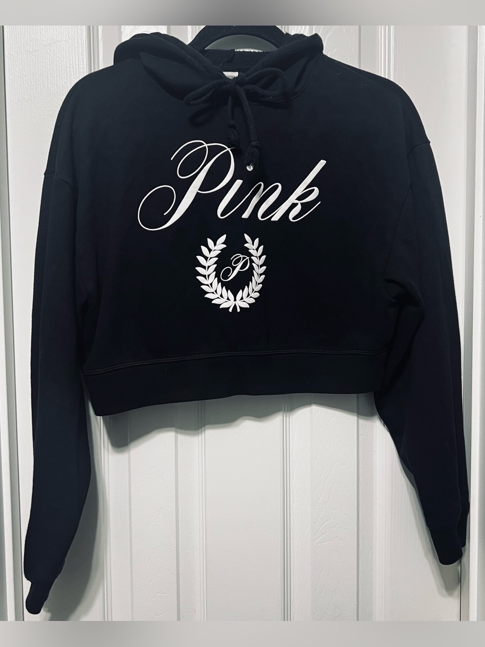 PINK Victoria's Secret Cropped Black Hoodie with Script Logo